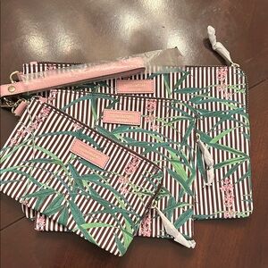 henri bendel Pink Floral & Green Pam Leaf Striped Trio Pouch Set